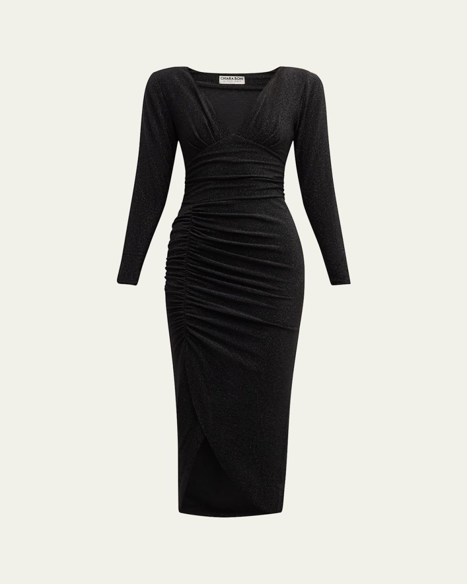 Ruched Shimmer Bodycon Midi Dress